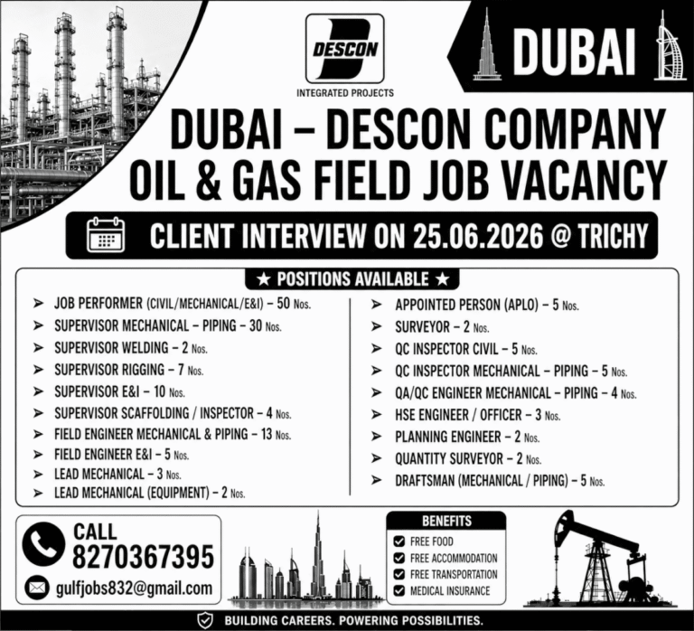 Dubai DESCON Company Oil & Gas Field Job Vacancy 2026 – Client Interview at Trichy