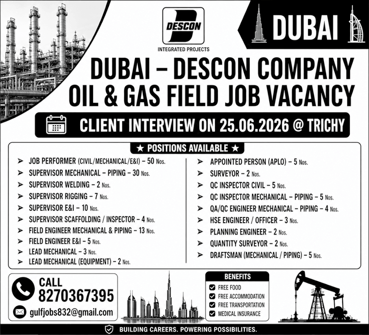 Dubai DESCON Company Oil & Gas Field Job Vacancy 2026 – Client Interview at Trichy