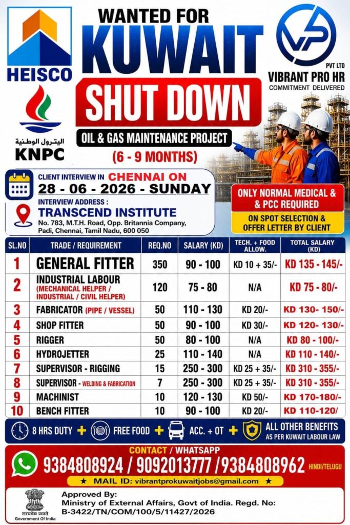 Kuwait HEISCO Shutdown Project Jobs 2026 – Direct Client Interview in Chennai