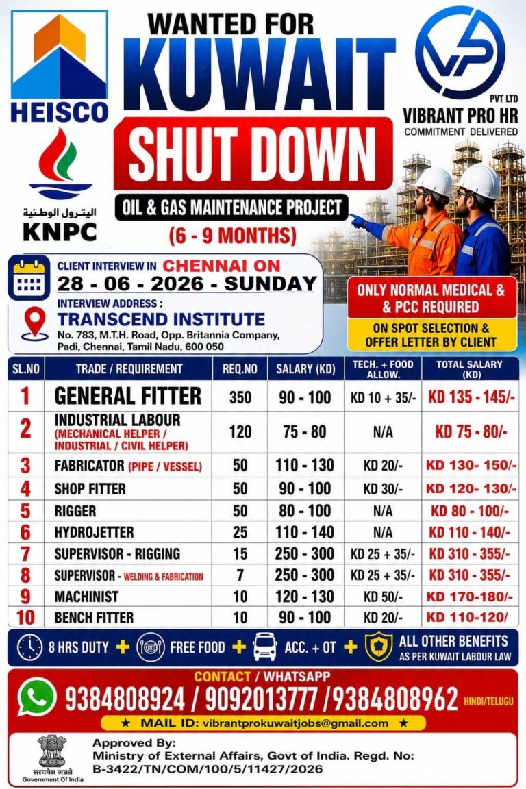 Kuwait HEISCO Shutdown Project Jobs 2026 – Direct Client Interview in Chennai