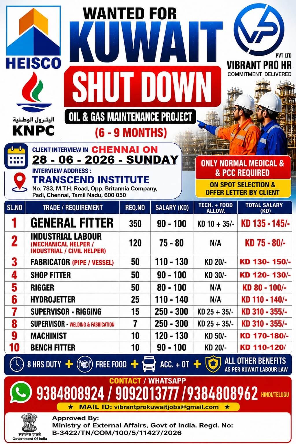 Kuwait HEISCO Shutdown Project Jobs 2026 – Direct Client Interview in Chennai