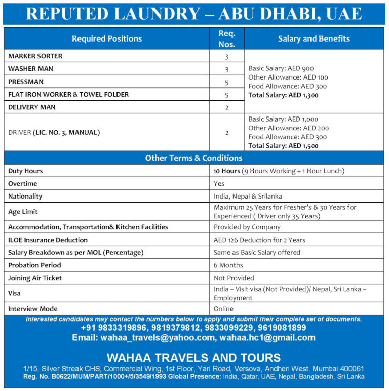 Reputed Laundry Abu Dhabi UAE Recruitment 2026 – Apply for Laundry Worker, Delivery Man & Driver Jobs