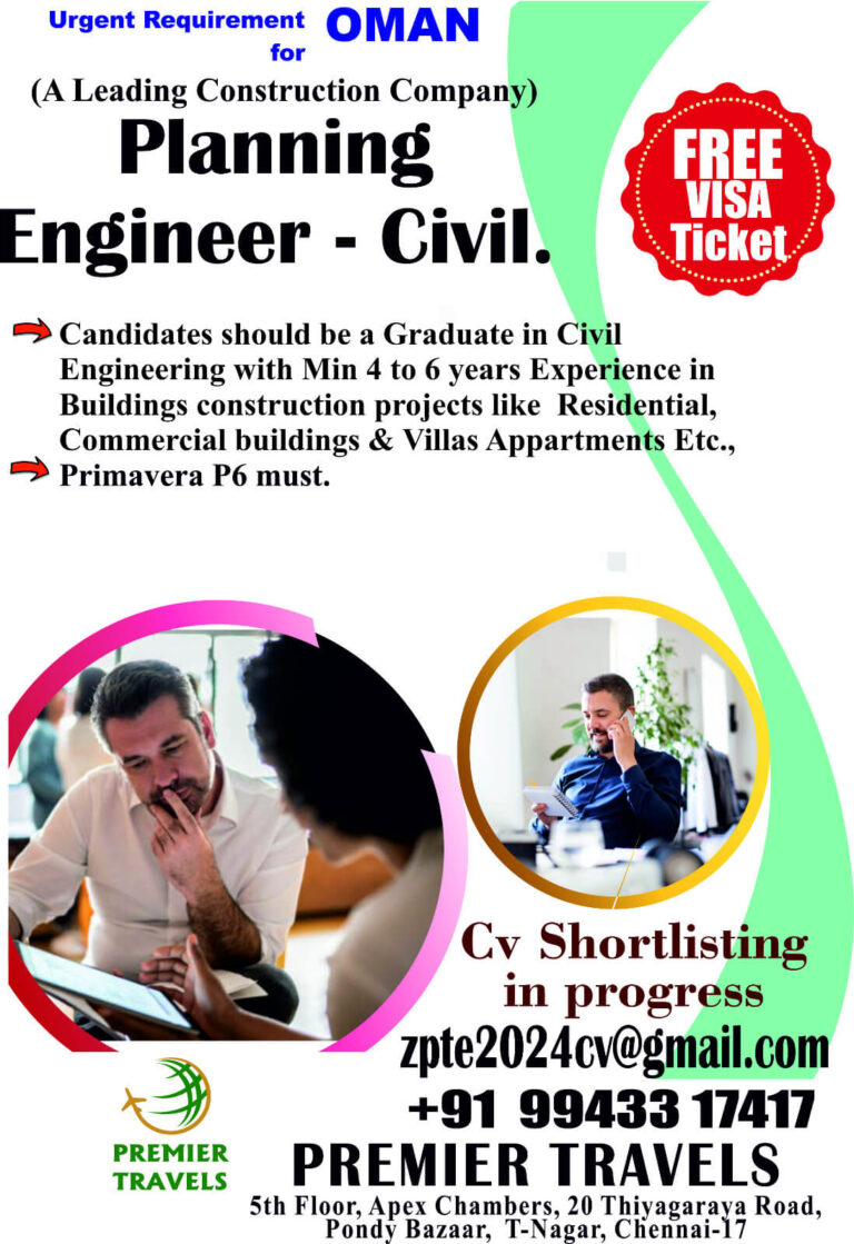 Planning Engineer – Civil Jobs in Oman | Free Visa & Ticket