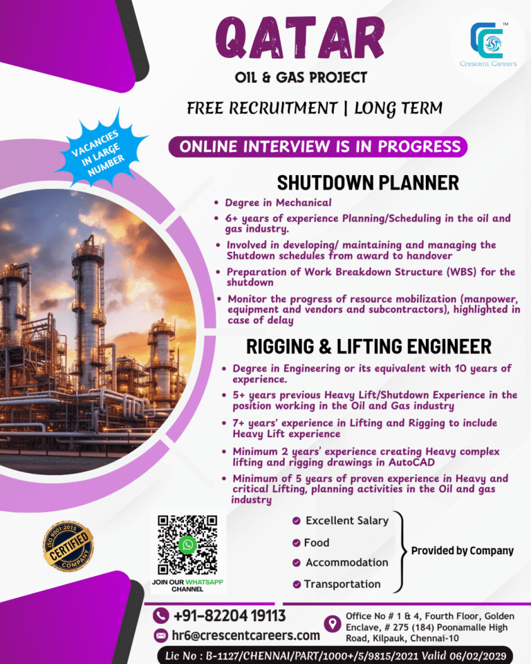 Qatar Oil & Gas Project Jobs 2026 – Free Recruitment for Shutdown Planner & Rigging & Lifting Engineer