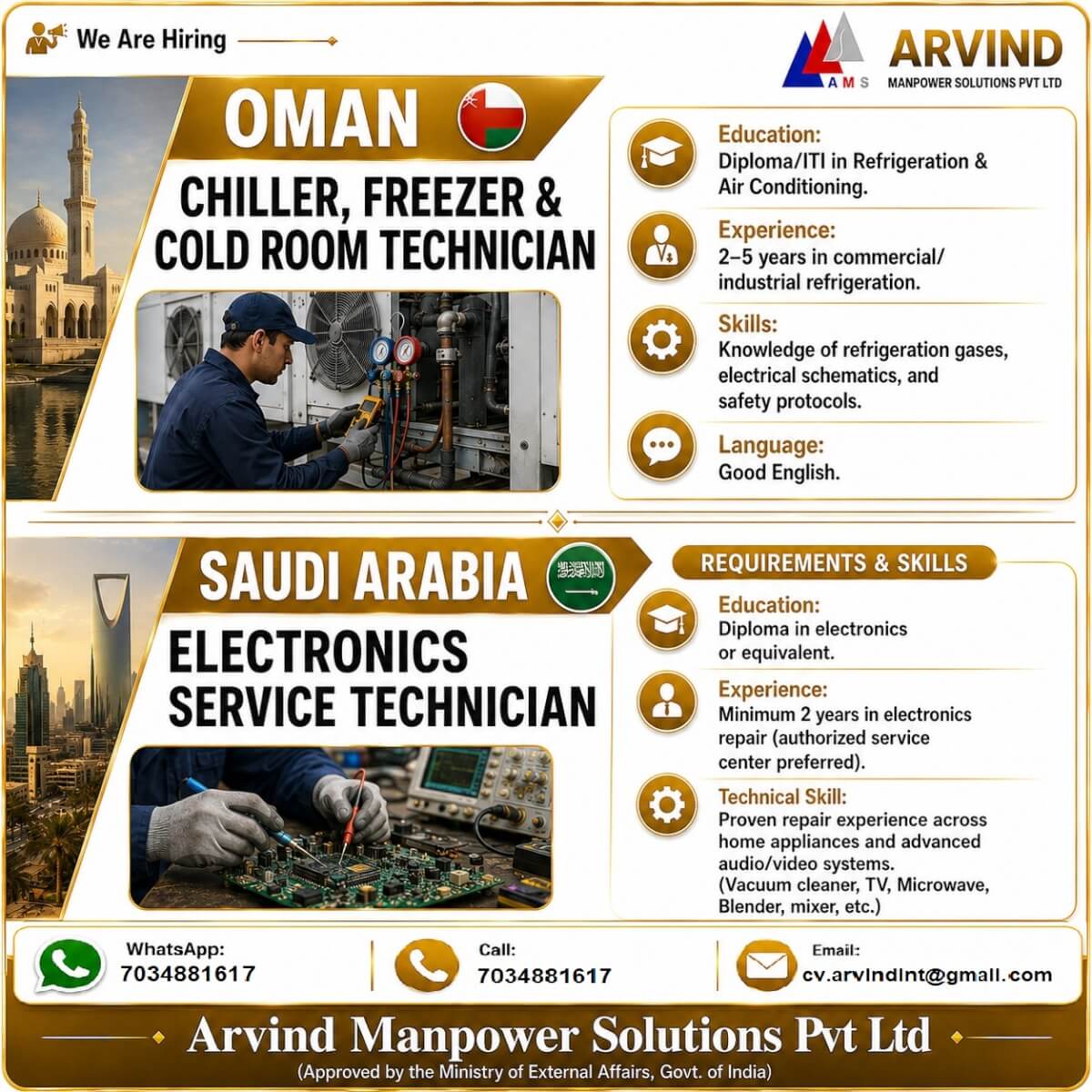 Oman & Saudi Arabia Technician Jobs 2026 – Chiller, Freezer, Cold Room & Electronics Service Technician Vacancies
