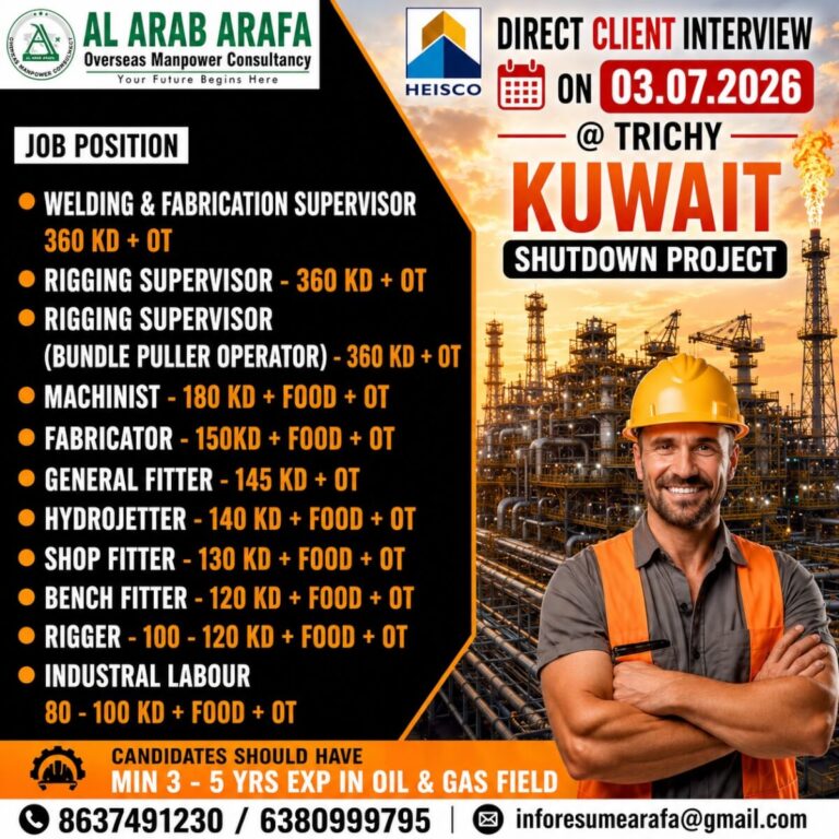 Kuwait Shutdown Project Jobs 2026 – Direct Client Interview at Trichy on 03 July 2026