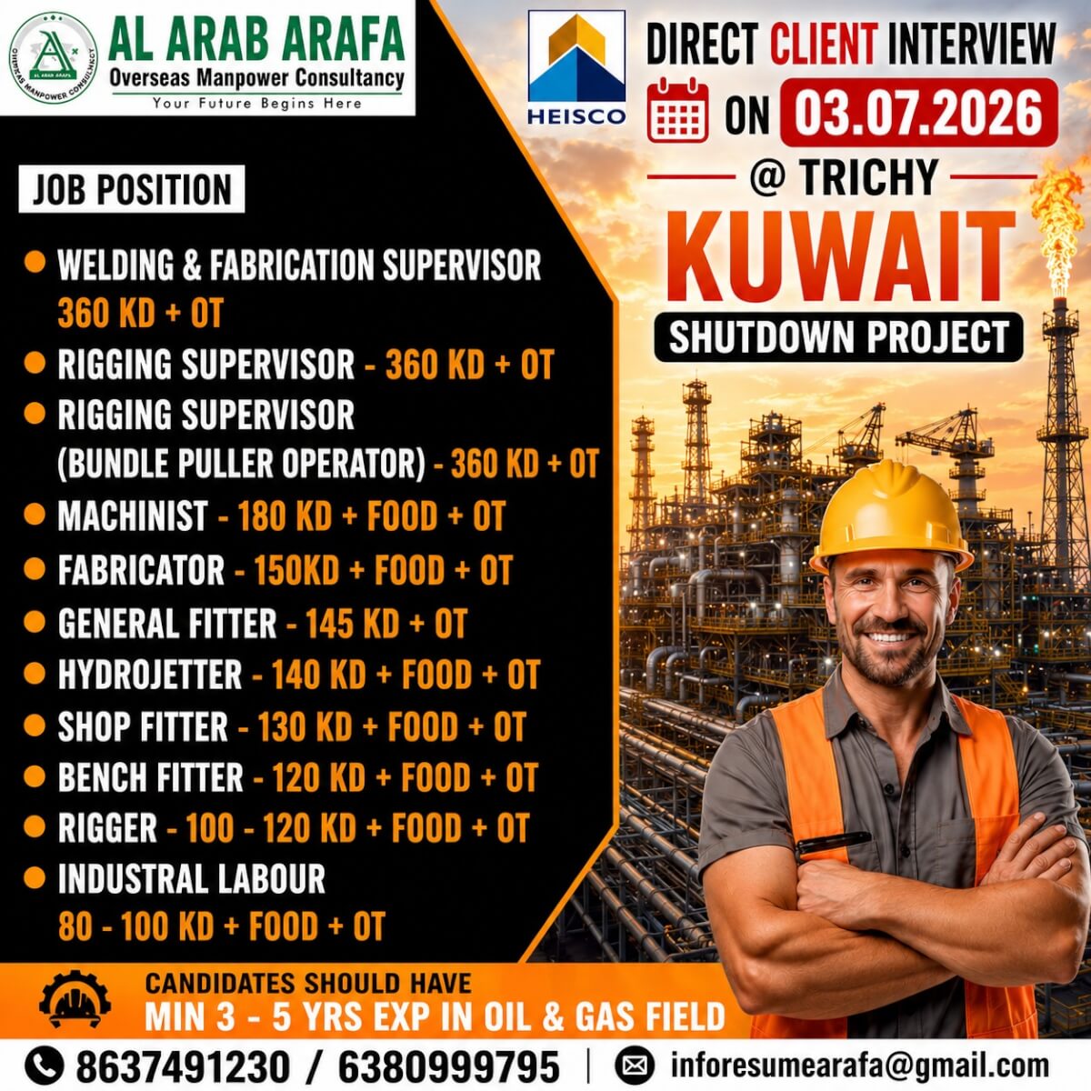 Kuwait Shutdown Project Jobs 2026 – Direct Client Interview at Trichy on 03 July 2026