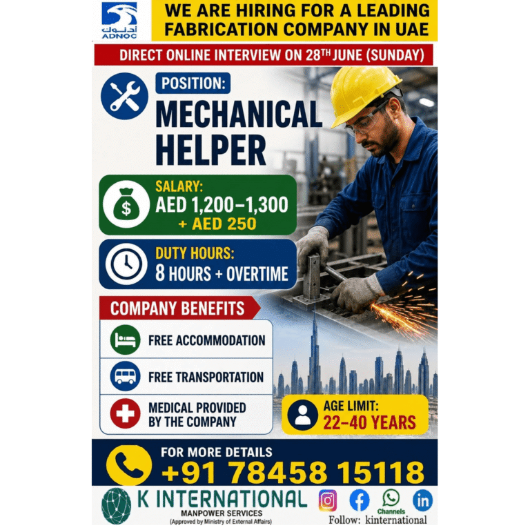 Mechanical Helper Jobs in UAE 2026 – Direct Online Interview on 28th June