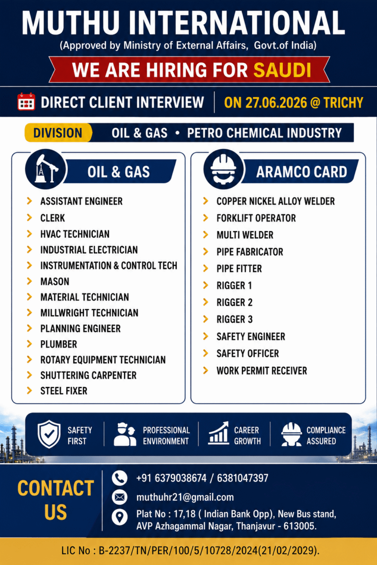Saudi Arabia Oil & Gas & Petrochemical Jobs 2026 – Direct Client Interview at Trichy