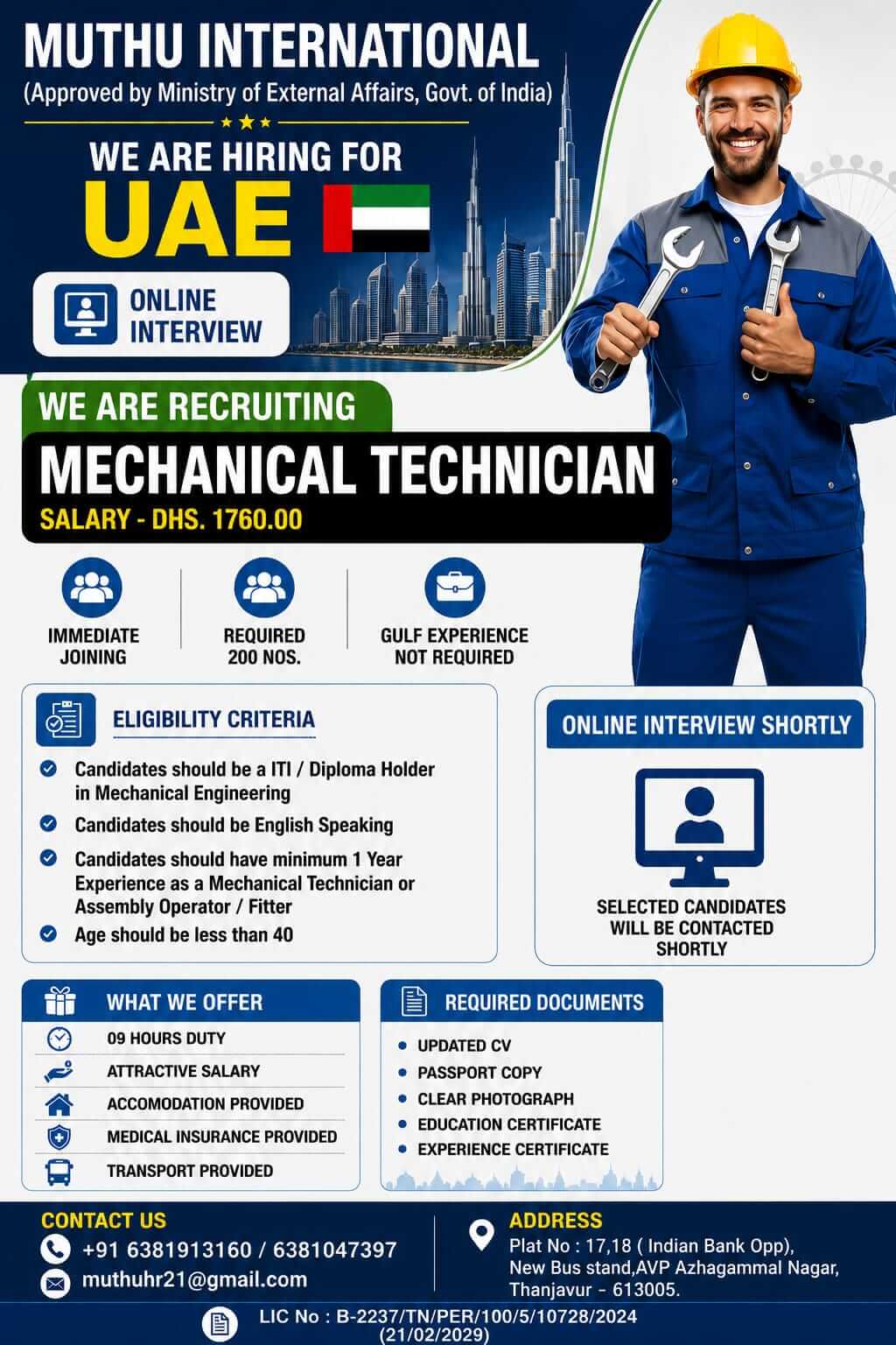 Mechanical Technician Jobs in UAE 2026 – Online Interview | Salary AED 1,760