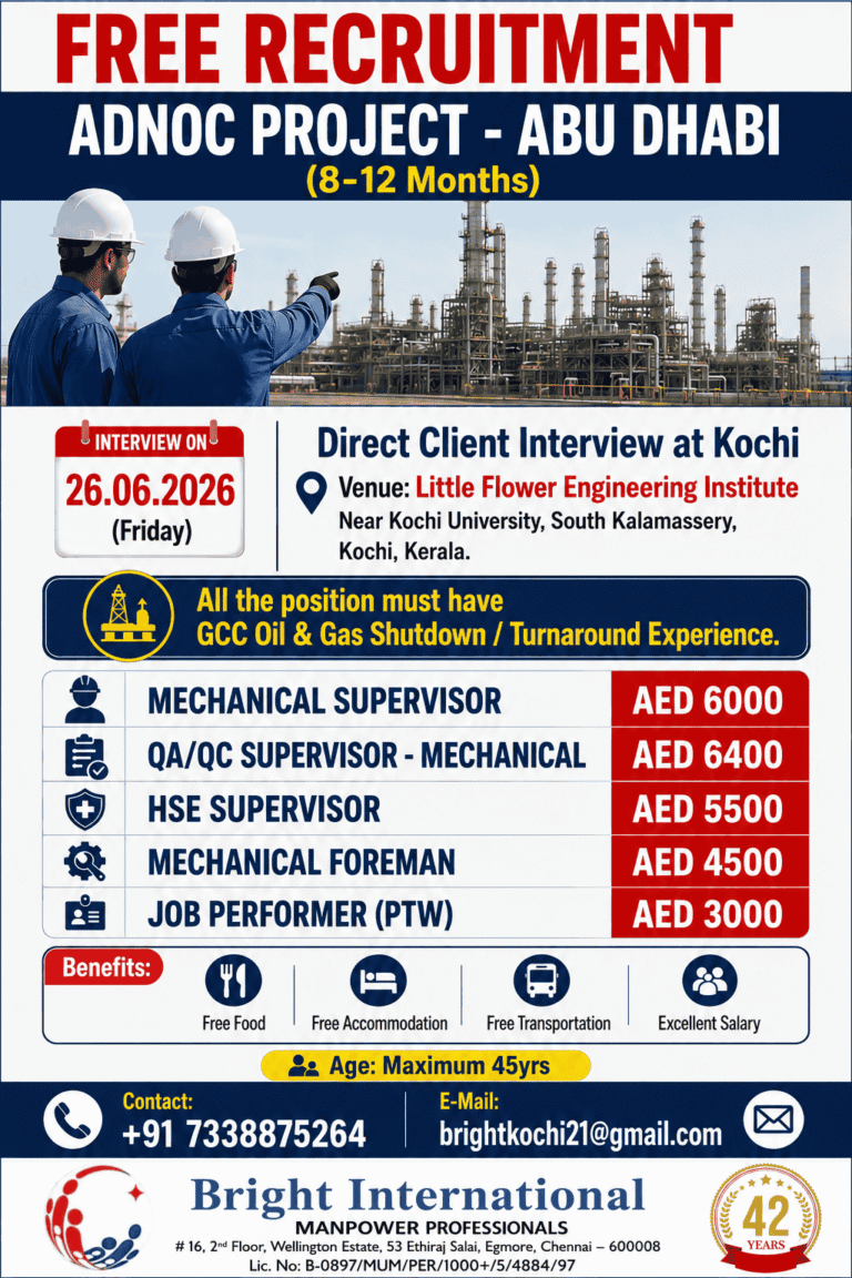 ADNOC Project Abu Dhabi Recruitment 2026 – Free Recruitment | Direct Client Interview at Kochi