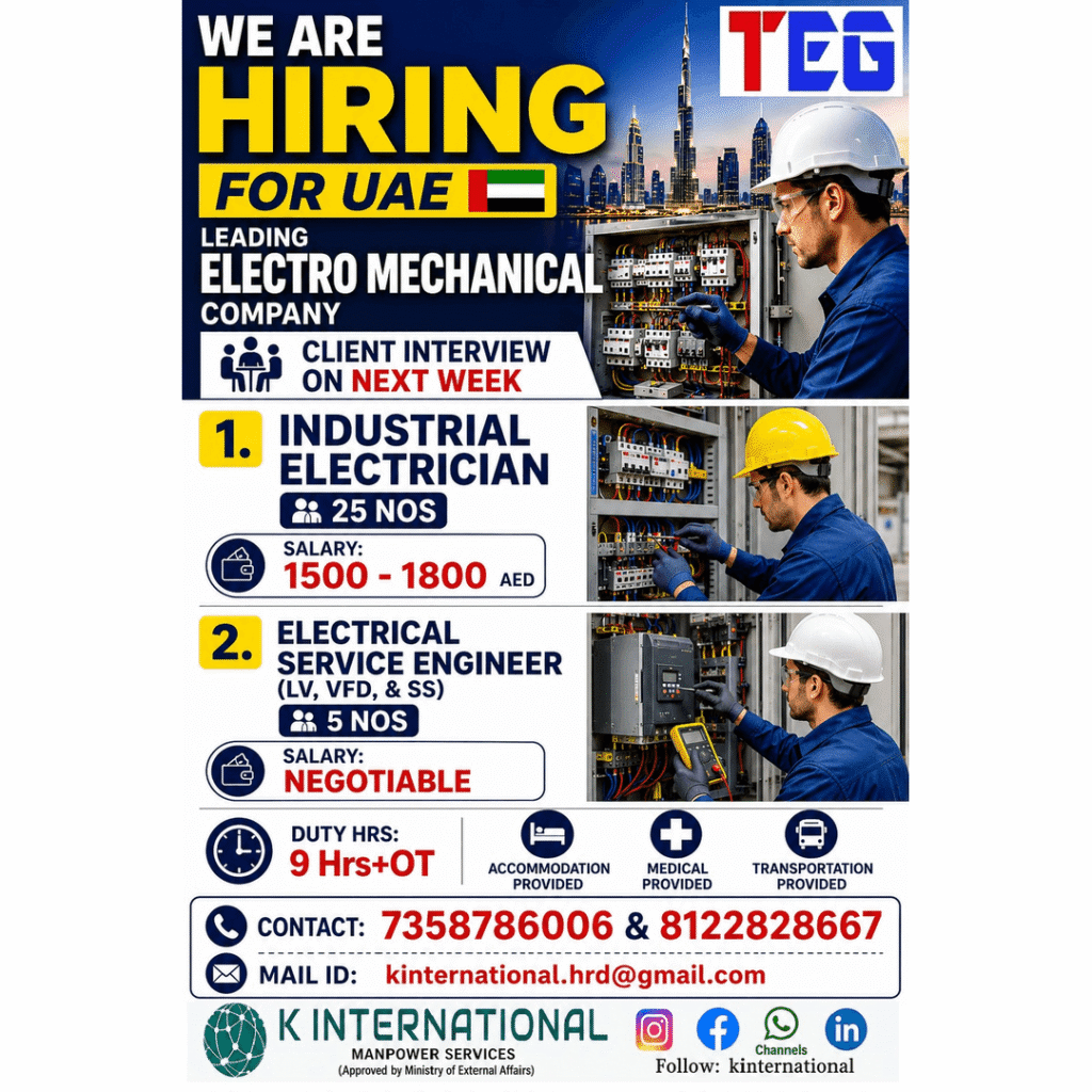 UAE Electro Mechanical Company Recruitment 2026 – Industrial Electricians & Electrical Service Engineers Required 1 UAE Electro Mechanical Company Recruitment 2026 – Industrial Electricians & Electrical Service Engineers Required