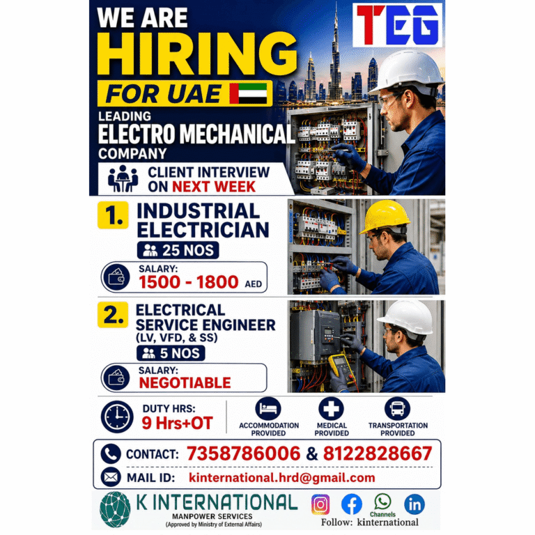UAE Electro Mechanical Company Recruitment 2026 – Industrial Electricians & Electrical Service Engineers Required