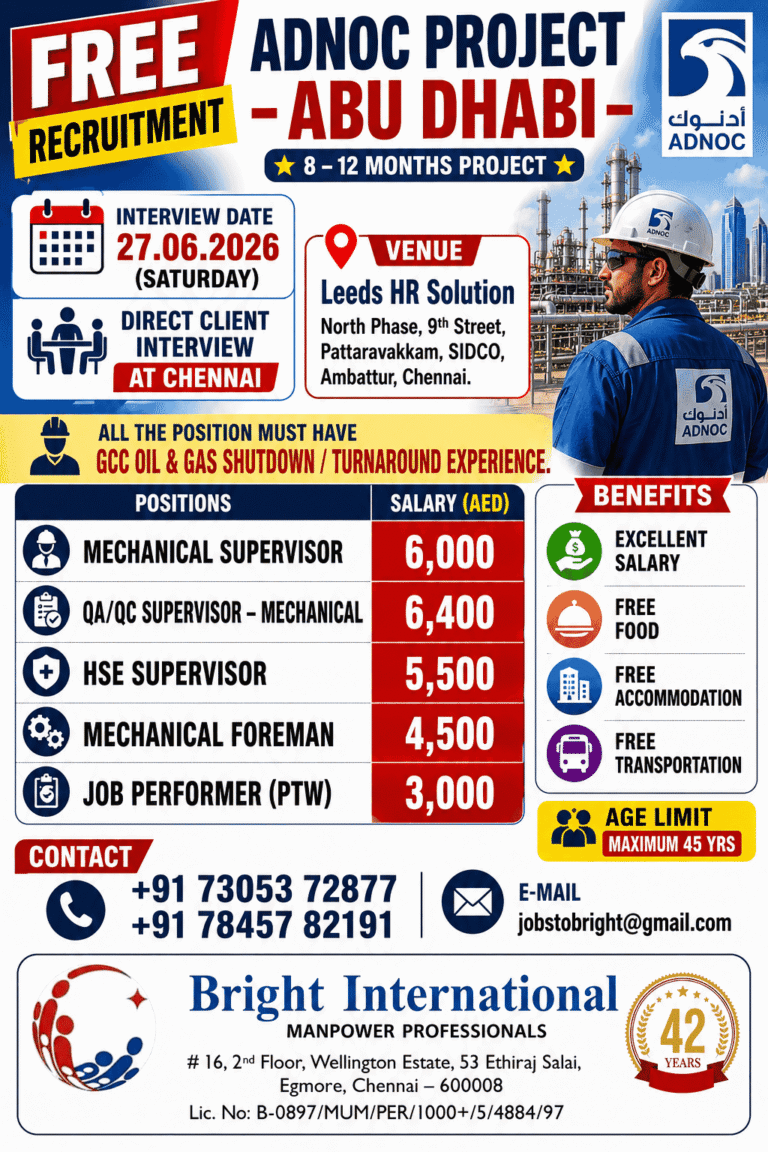 ADNOC Project Abu Dhabi Recruitment 2026 – Free Recruitment | Direct Client Interview at Chennai
