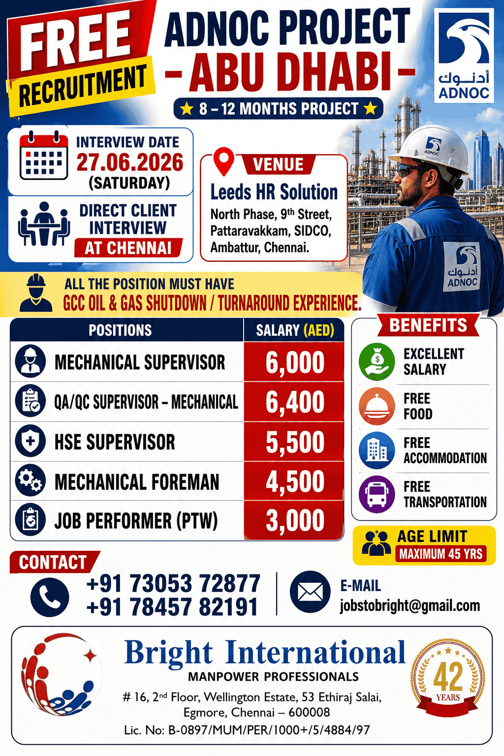 ADNOC Project Abu Dhabi Recruitment 2026 – Free Recruitment | Direct Client Interview at Chennai