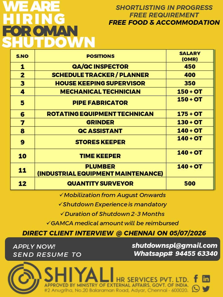 Oman Shutdown Jobs 2026 – Direct Client Interview in Chennai | Free Recruitment