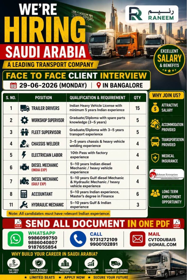 Raneem Transport Company Saudi Arabia Recruitment 2026 – Direct Client Interview in Bangalore