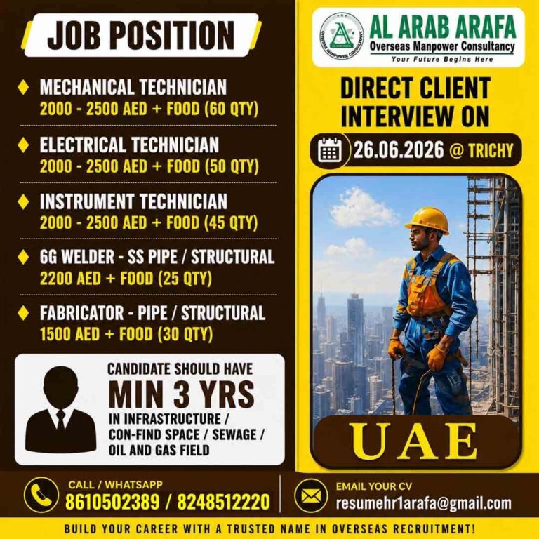 UAE Infrastructure & Oil & Gas Jobs 2026 – Direct Client Interview at Trichy on 26 June 2026