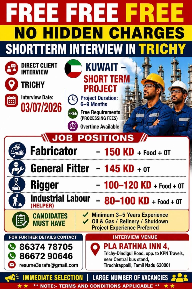Kuwait Short-Term Project Jobs 2026 – Direct Client Interview in Trichy | Free Recruitment