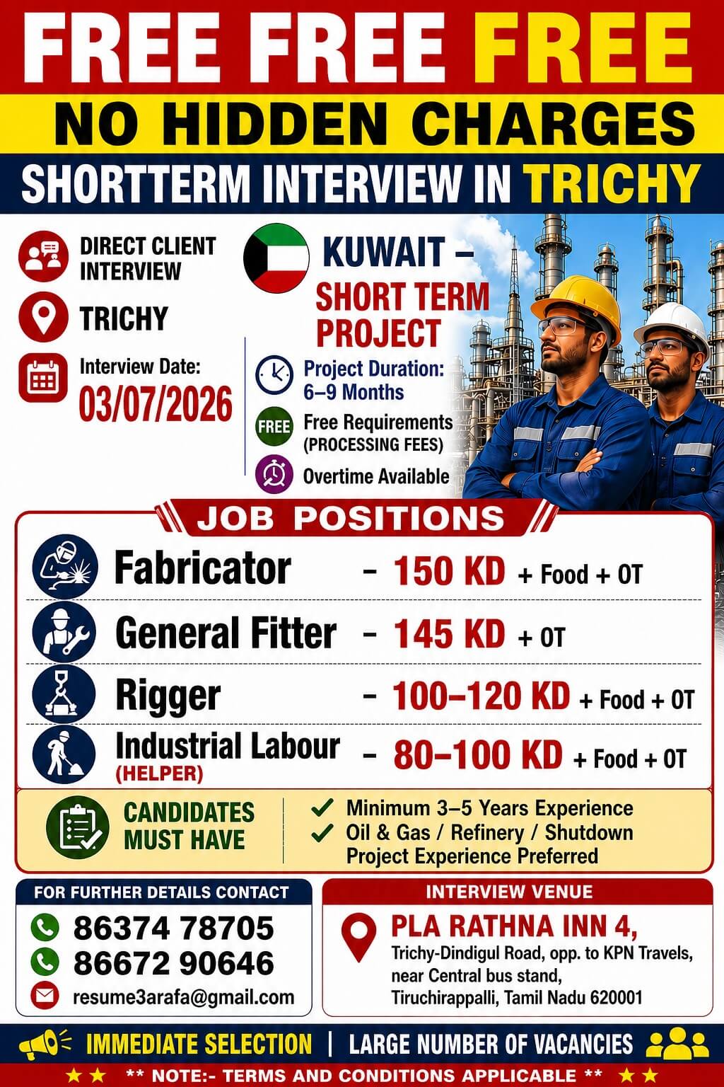 Kuwait Short-Term Project Jobs 2026 – Direct Client Interview in Trichy | Free Recruitment