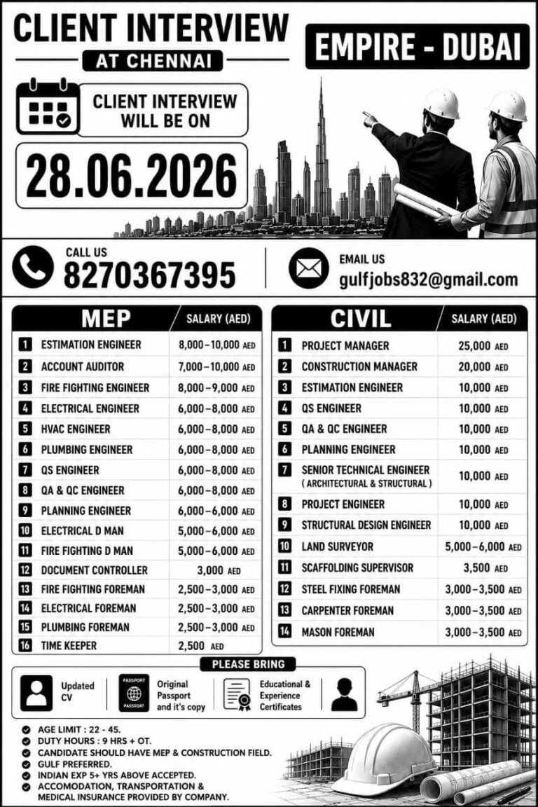 Empire Dubai Recruitment 2026 – Direct Client Interview at Chennai on 28 June 2026