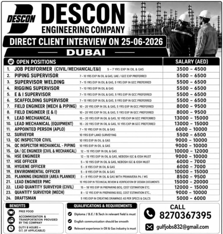 DESCON Engineering Company Dubai Recruitment 2026 – Direct Client Interview on 25 June 2026