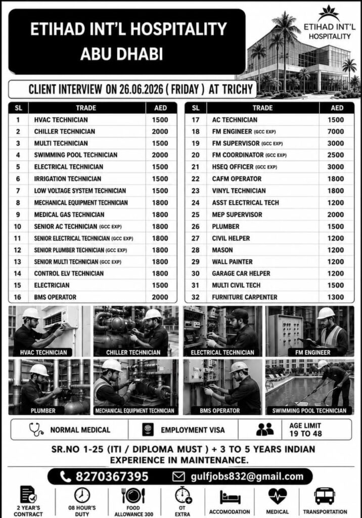 Etihad International Hospitality Abu Dhabi Recruitment 2026 – Client Interview at Trichy on 26 June 2026 1 Etihad International Hospitality Abu Dhabi Recruitment 2026 – Client Interview at Trichy on 26 June 2026