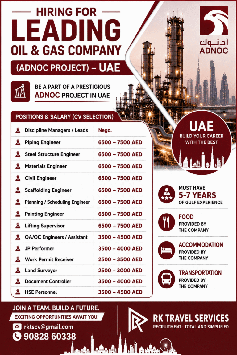 ADNOC Project UAE Recruitment 2026 – Engineers, Supervisors & HSE Personnel Required