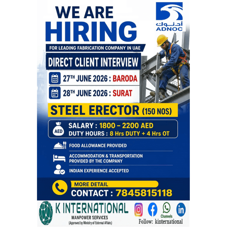 ADNOC UAE Steel Erector Jobs 2026 – Direct Client Interview in Baroda & Surat