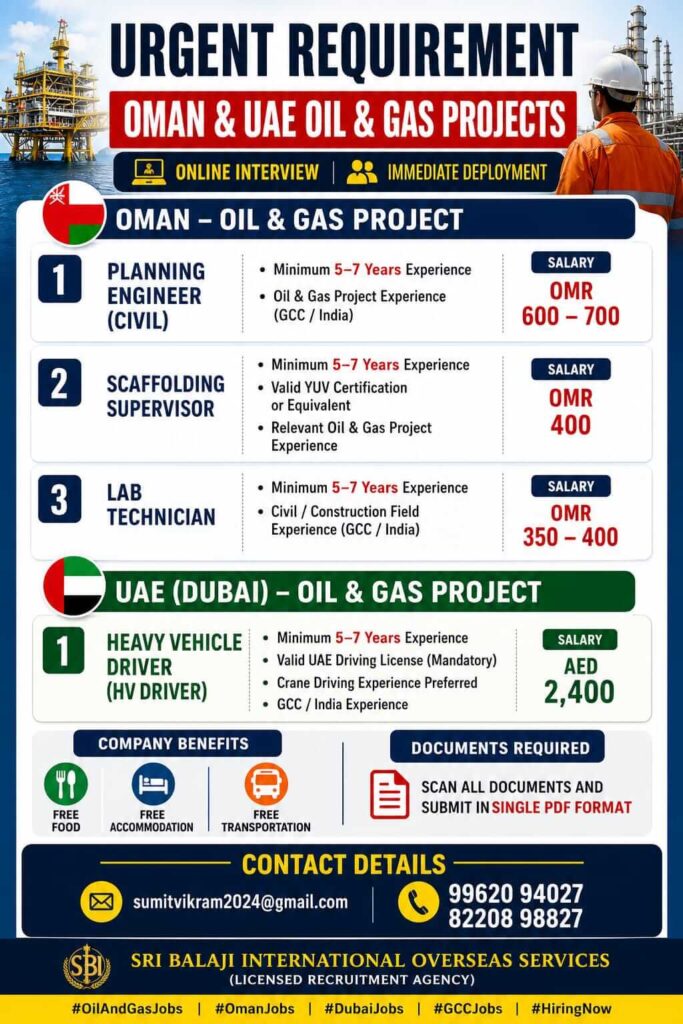 Urgent Recruitment for Oman & UAE Oil & Gas Projects – Online Interview | Immediate Deployment 1 Urgent Recruitment for Oman & UAE Oil & Gas Projects – Online Interview | Immediate Deployment