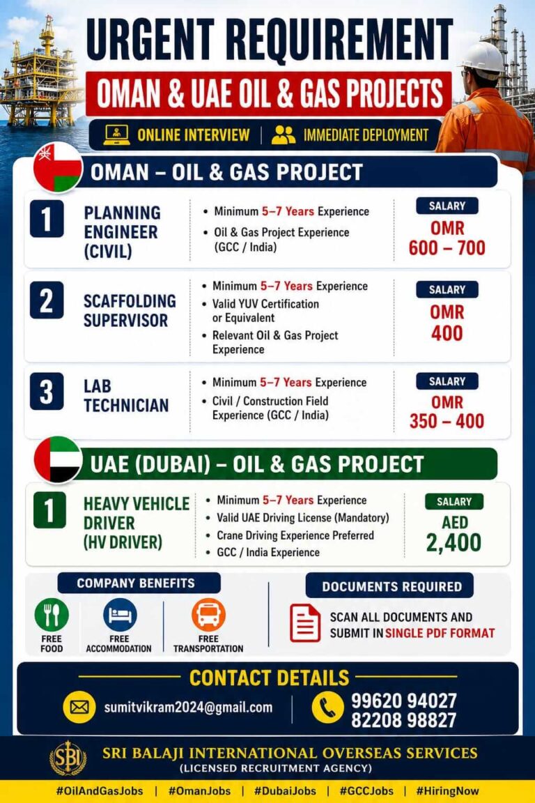 Urgent Recruitment for Oman & UAE Oil & Gas Projects – Online Interview | Immediate Deployment