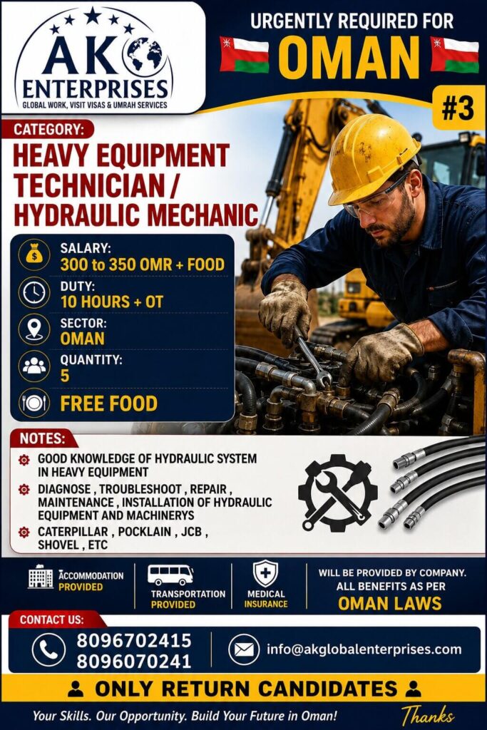 Heavy Equipment Technician / Hydraulic Mechanic Jobs in Oman 2026 – Free Food, Accommodation & Transport 1 Heavy Equipment Technician / Hydraulic Mechanic Jobs in Oman 2026 – Free Food, Accommodation & Transport