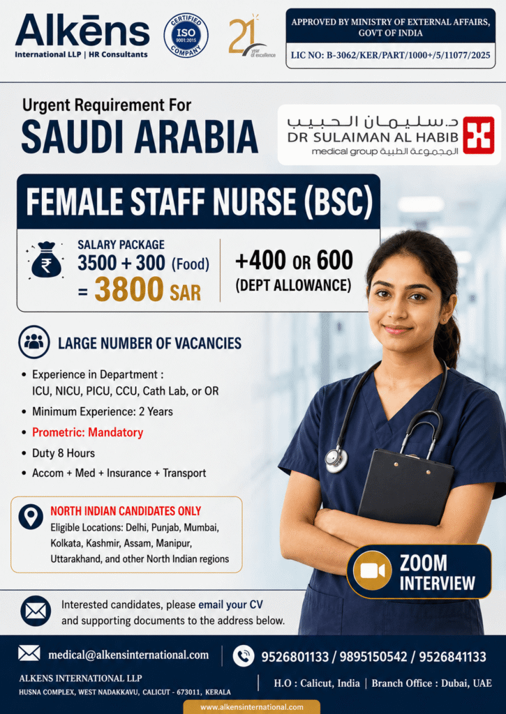Female Staff Nurse (BSc) Recruitment 2026 for Saudi Arabia – Dr. Sulaiman Al Habib Medical Group 1 Female Staff Nurse (BSc) Recruitment 2026 for Saudi Arabia – Dr. Sulaiman Al Habib Medical Group