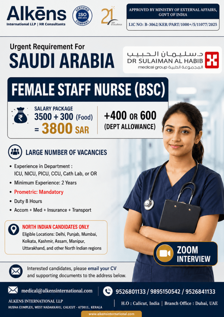 Female Staff Nurse (BSc) Recruitment 2026 for Saudi Arabia – Dr. Sulaiman Al Habib Medical Group