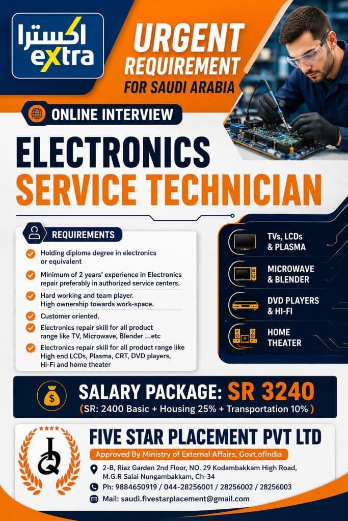 Electronics Service Technician Jobs in Saudi Arabia 2026 – Online Interview | Apply Now