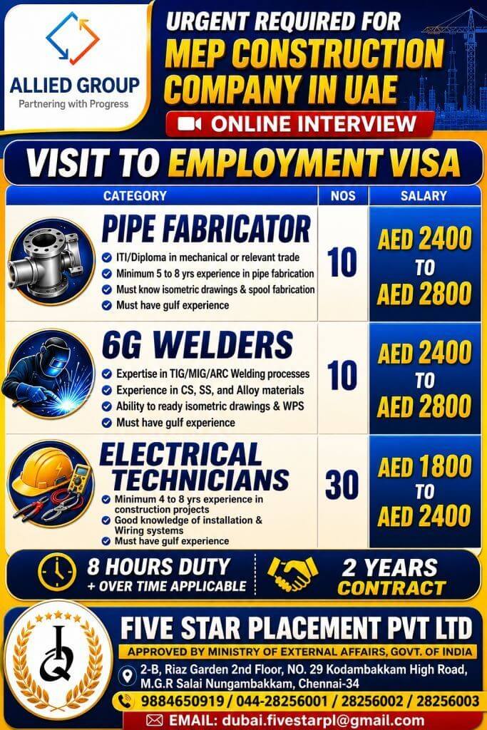 UAE MEP Construction Company Recruitment 2026 – Online Interview | Pipe Fabricator, 6G Welder & Electrical Technician Jobs