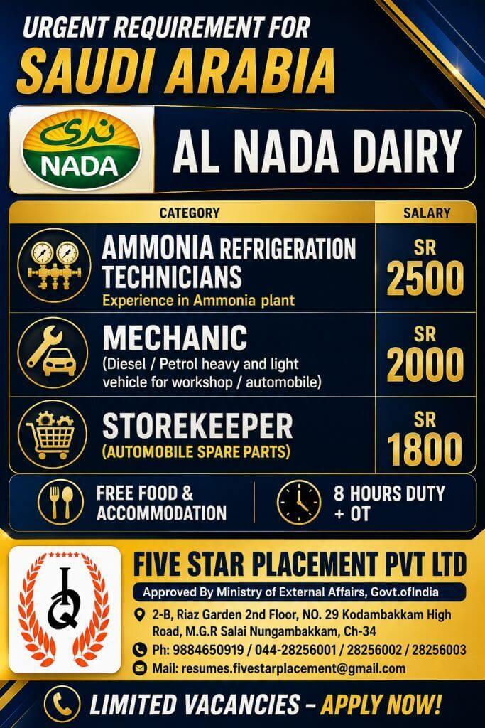 Al Nada Dairy Saudi Arabia Recruitment 2026 – Ammonia Refrigeration Technicians, Mechanics & Storekeepers Required