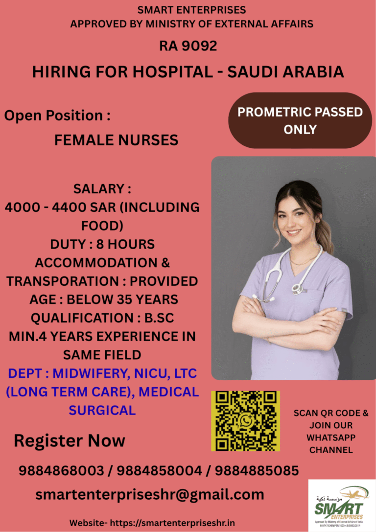 Female Nurses Recruitment for Saudi Arabia Hospital – Apply Now