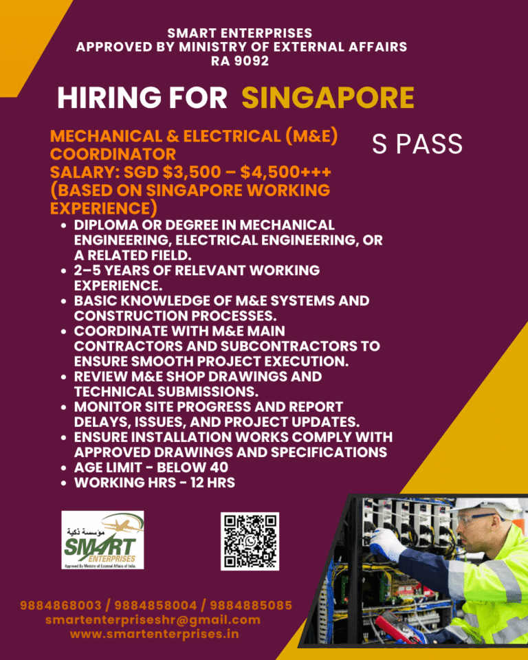 ingapore Hiring 2026: Mechanical & Electrical (M&E) Coordinator Jobs – S Pass Opportunities