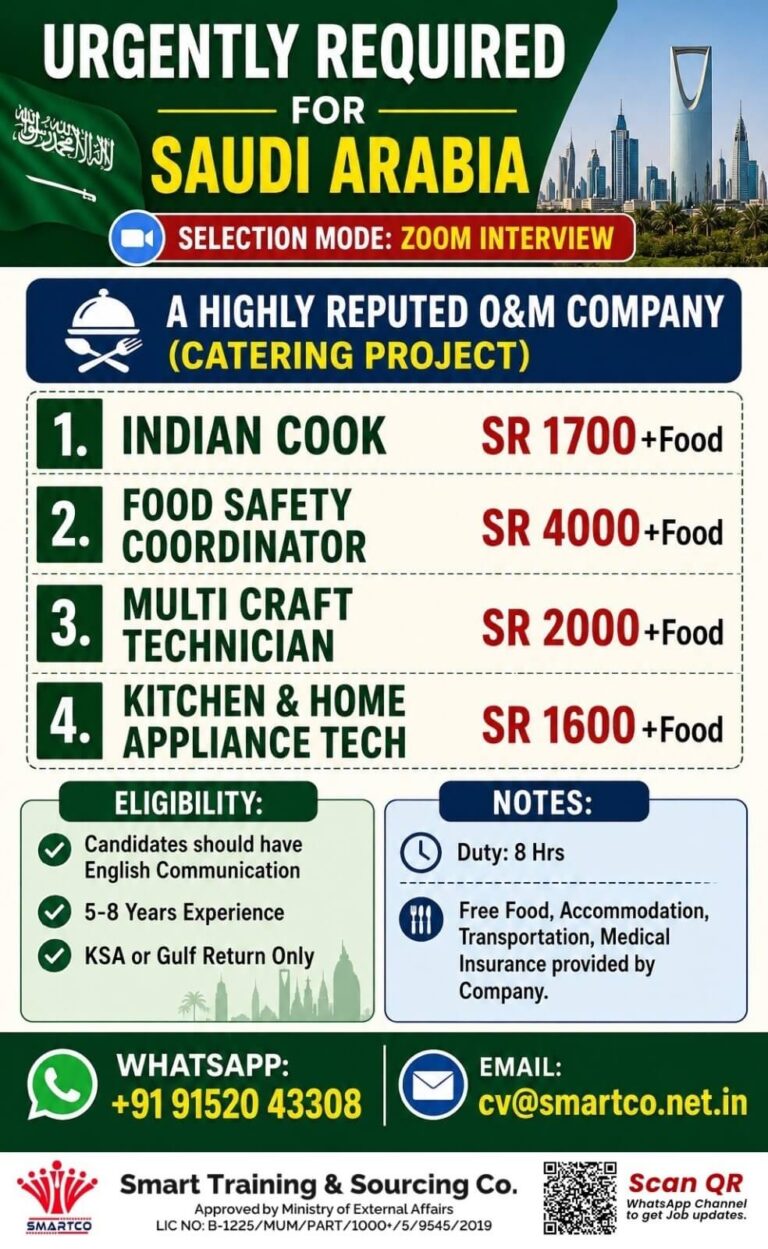 Saudi Arabia Catering Project Jobs 2026 – Zoom Interview | Indian Cook, Food Safety Coordinator & More