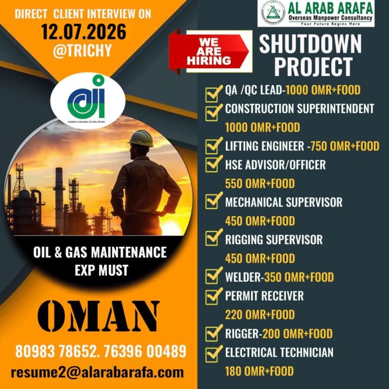Oman Shutdown Project Jobs 2026 – Direct Client Interview at Trichy