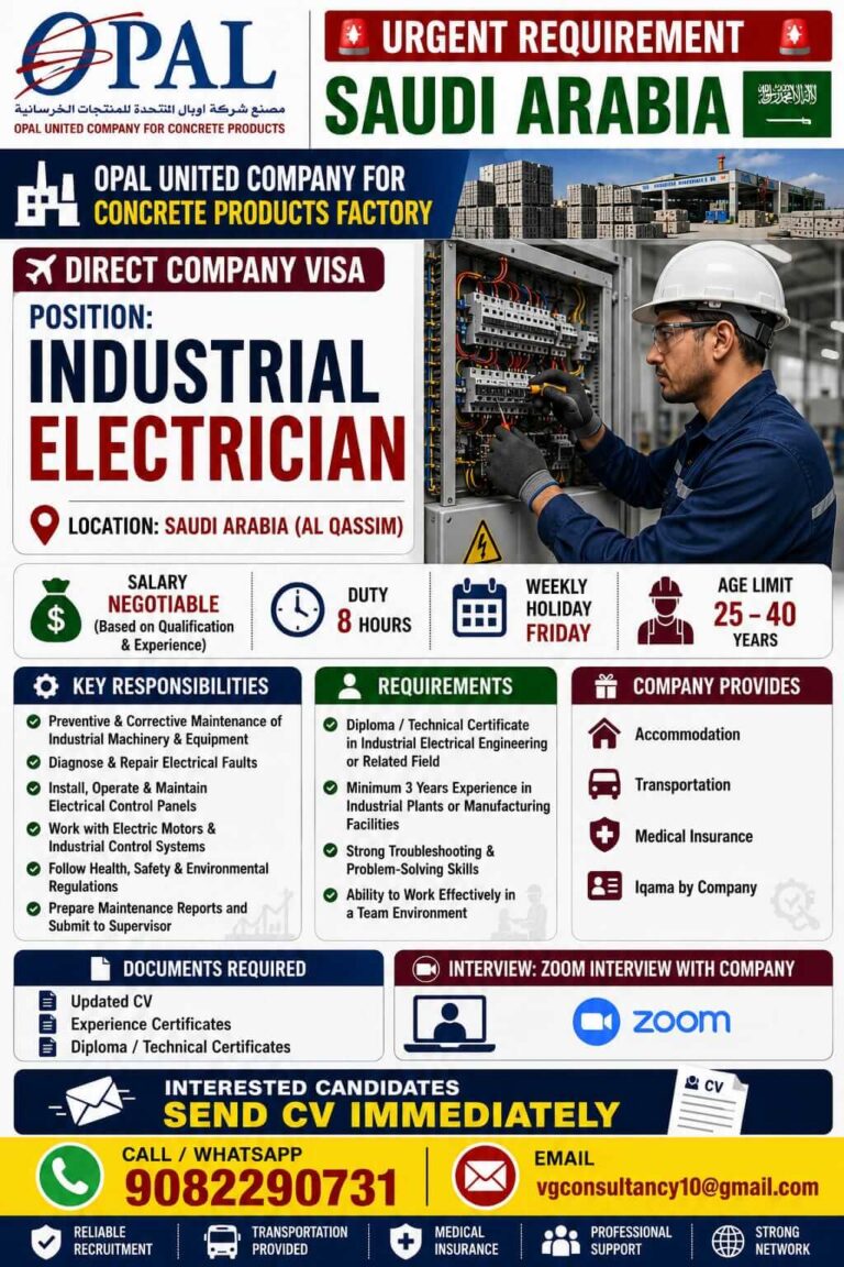 Industrial Electrician Jobs in Saudi Arabia 2026 – Direct Company Visa | OPAL United Company for Concrete Products