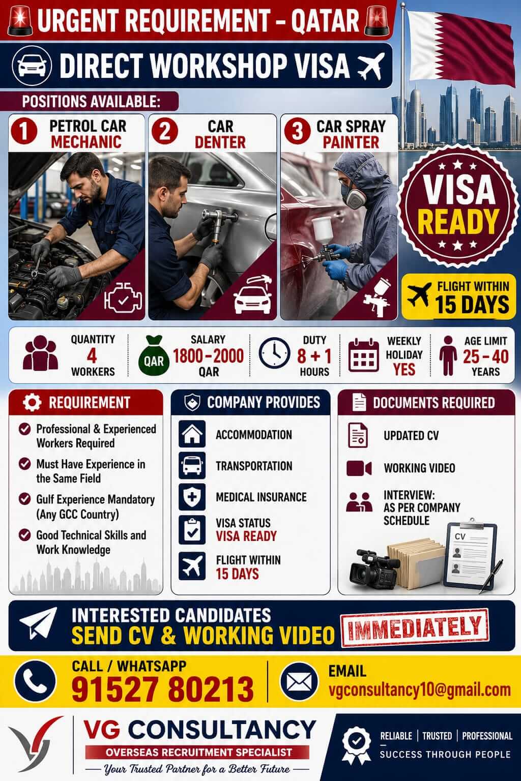 Qatar Workshop Jobs 2026 – Direct Workshop Visa | Petrol Car Mechanic, Car Denter & Car Spray Painter