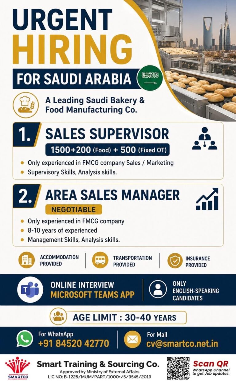 Saudi Arabia FMCG Jobs 2026 – Sales Supervisor & Area Sales Manager Vacancies