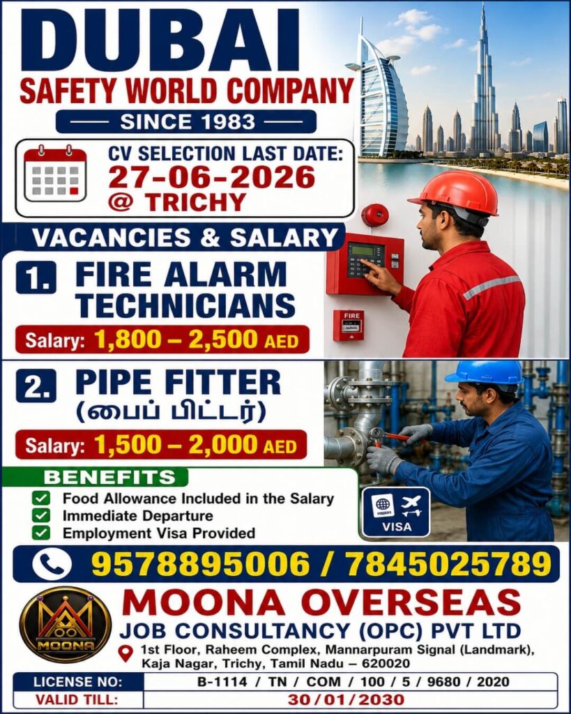 Dubai Safety World Company Jobs 2026 – Fire Alarm Technicians & Pipe Fitters Required in Dubai 1 Dubai Safety World Company Jobs 2026 – Fire Alarm Technicians & Pipe Fitters Required in Dubai