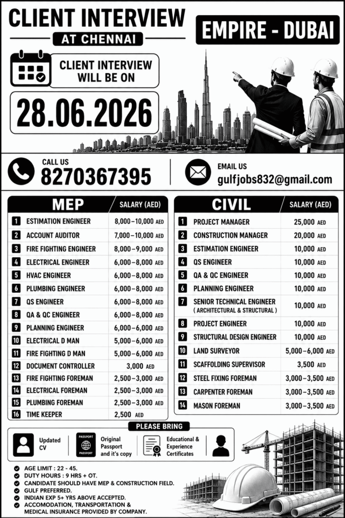 Empire Dubai Careers 2026 – Client Interview in Chennai on 28 June 2026 1 Empire Dubai Careers 2026 – Client Interview in Chennai on 28 June 2026