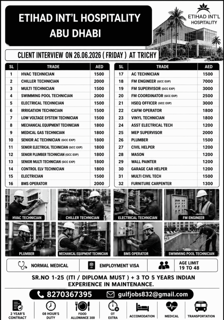 Etihad International Hospitality Abu Dhabi Jobs 2026 – Client Interview in Trichy on 26 June 2026