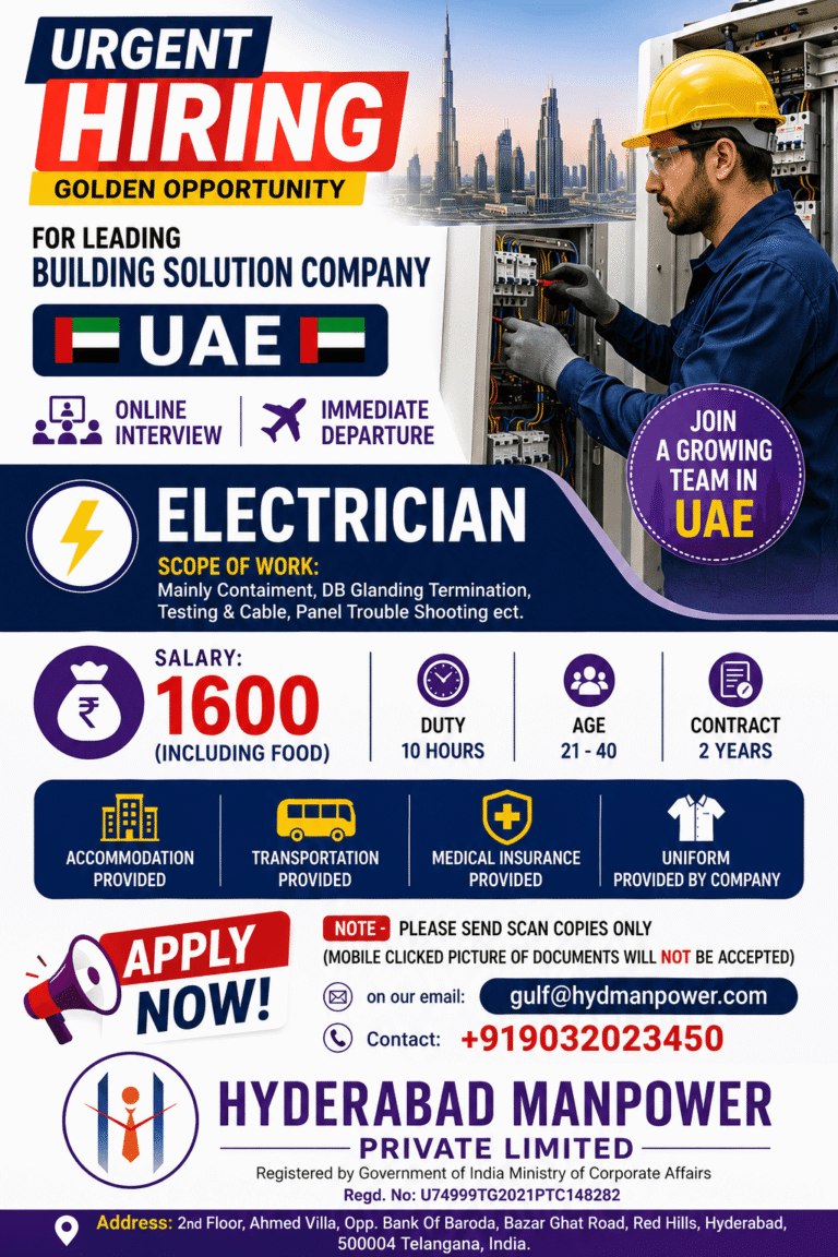 Electrician Jobs in UAE 2026 – Urgent Hiring for Leading Building Solution Company