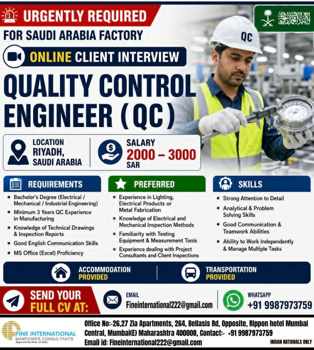 Quality Control Engineer (QC) Jobs in Saudi Arabia 2026 – Online Client Interview | Salary Up to 3000 SAR
