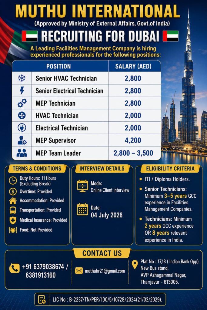 Dubai Facilities Management Jobs 2026 – Senior HVAC, MEP & Electrical Technician Vacancies | Apply Online